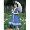 甘いロリータOPドレスフリルボタンブルー半袖ロリータワンピースドレス