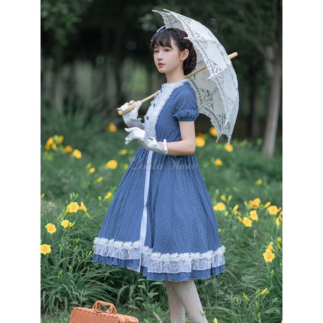 甘いロリータOPドレスフリルボタンブルー半袖ロリータワンピースドレス