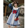 甘いロリータOPドレス弓フリルブループリント長袖ロリータワンピースドレス
