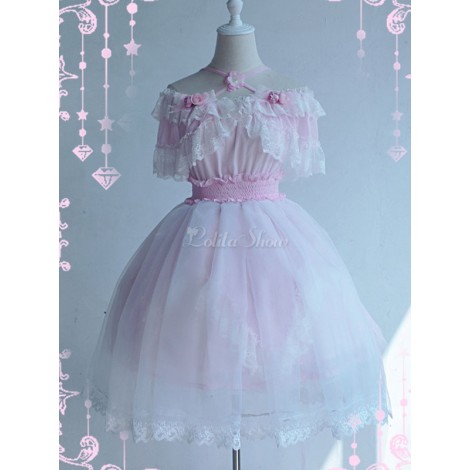 甘いロリータワンピースドレスピンクのレースの花ロリータワンピースドレス