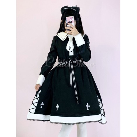 ゴスロリワンピース　十字架　ブラック　OPドレス　クロス　ゴシック 刺繍入り　レース　ロリータワンピースドレス
