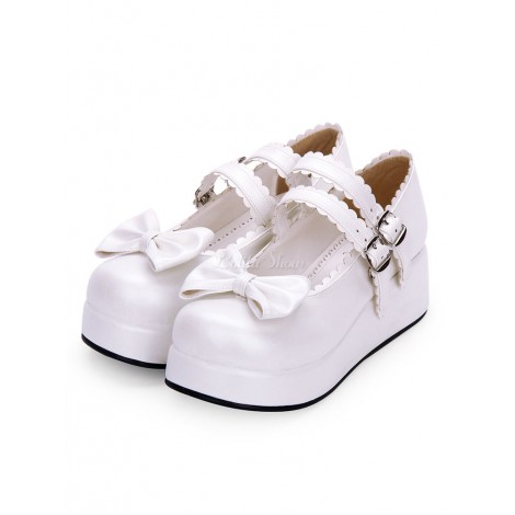 スウィートロリータシューズボウフリルストラッピーバックルプラットフォームPUロリータシューズ