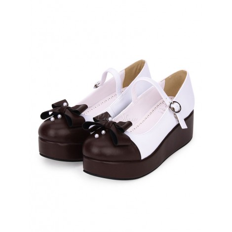 クラシックロリータシューズパールボウ2トーンプラットフォームPUロリータポンプ