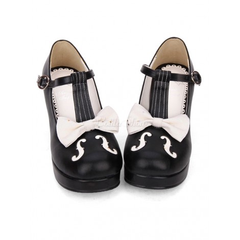 スウィートロリータポンプボウツートーンTストラップチャンクハイヒールロリータシューズ