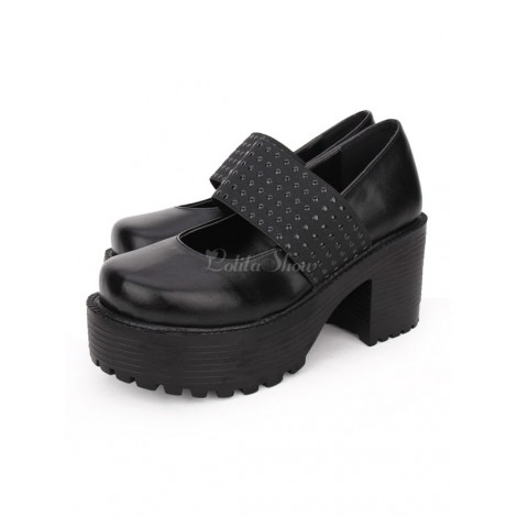 クラシックロリータシューズメタリックラウンドトゥPUプラットフォームブラックロリータシューズ