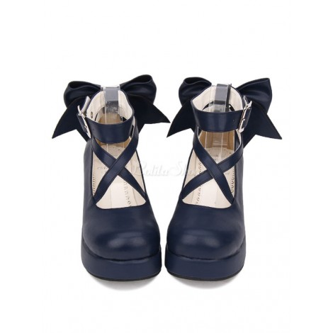 スウィートロリータシューズボウステッピーバックルウェッジヒールホワイトロリータシューズ