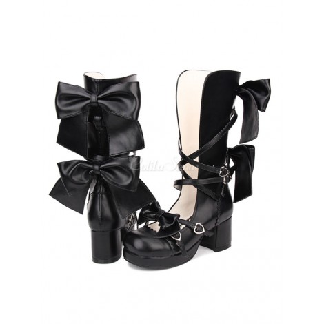 スウィートロリータシューズボウストラッピーチャンクハイヒールブラックPUロリータシューズ