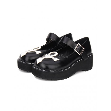 ゴシックロリータシューズプリントトーンバックルプラットフォームブラックロリータポンプ