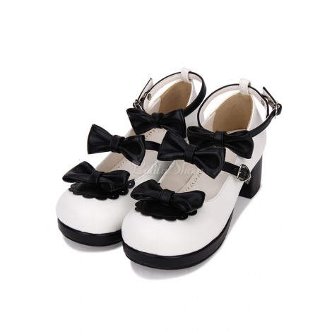 スウィートロリータシューズボウストラッピーチャンクハイヒールディープブラウンロリータシューズ