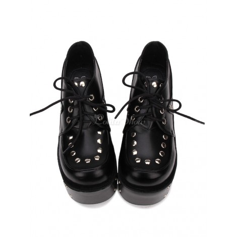 ゴシックロリータシューズリベットレースアッププラットフォームPUブラックロリータシューズ