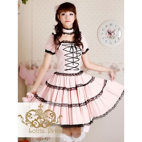 甘いロリータドレスOP　2020　プリンセス　ピンク　タイ　レット　レース　コットンロリータワンピースドレス　アイドル衣装