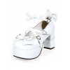 ホワイト　ロリィタパンプス　リボン　ハートバックル　アンクルストラップ　スクエアヒール　チャンキーヒール