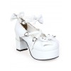 ホワイト　ロリィタパンプス　リボン　ハートバックル　アンクルストラップ　スクエアヒール　チャンキーヒール