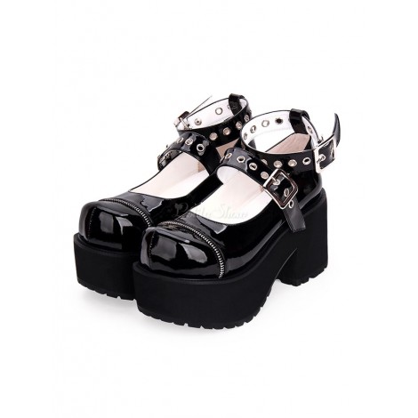 ゴシックロリータパンプスブラックプラットフォームチャンキーヒールPUレザーロリータシューズ