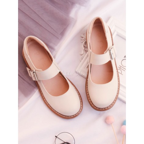 甘いロリータ靴牛革丸いつま先バックルアプリコットロリィ靴