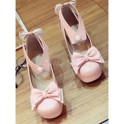 スウィートロリータポンプボウアンクルストラッププラットフォームチャンクヒールロリータシューズ