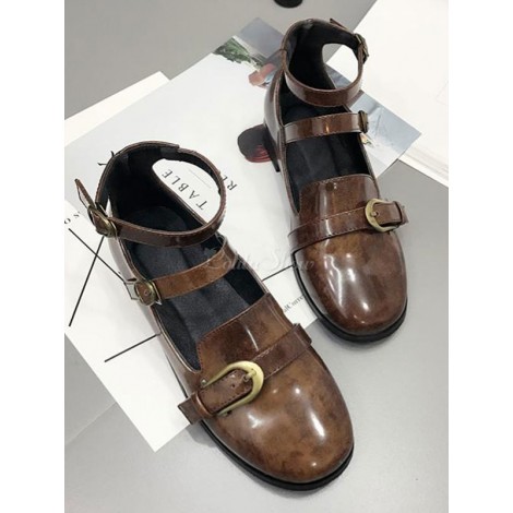 クラシックロリータシューズメタルバックルパピーヒールライトブラウンロリータシューズ