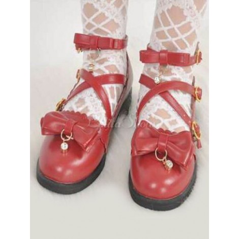スウィートロリータシューズボウパールストラップバックルレッドロリータシューズ