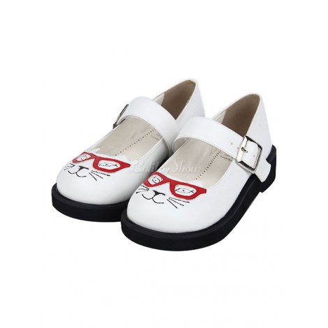 ロリィタ靴　ホワイト　ラウンドトゥ　お茶会　PU　動物柄