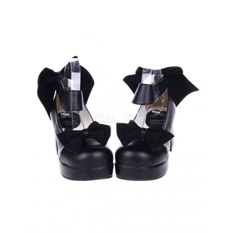 ロリィタフットウェア　ブラック　スクエアトゥ　カジュアル　PU　リボン柄