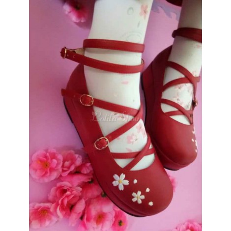 ロリィタフットウェア　レッド　スクエアトゥ　お茶会　PU　ジャガード織