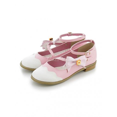 ロリィタシューズ　チャンキーヒール　リボン柄　お茶会　ラウンドトゥ　PU