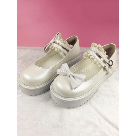 ロリィタ靴　ジオメトリックヒール　リボン柄　お茶会　スクエアトゥ　PU