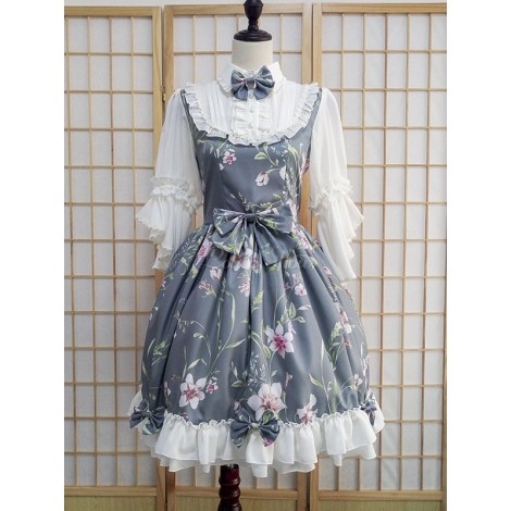 袖ありのワンピース　ロリィタファッション　ライトブルー　リネン　スウィート　プリント柄　スタンドカラー　お茶会　七分袖