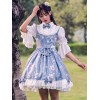 袖ありのワンピース　ロリィタファッション　ライトブルー　リネン　スウィート　プリント柄　スタンドカラー　お茶会　七分袖
