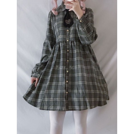 クラシックロリアOPドレスチェック柄コットンリネンプリーツロリータワンピースドレス