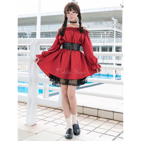クラシックロリータOPドレスレーストリムフリルレッドロリータワンピースドレス