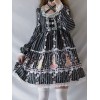 クラシックロリータOPドレスレーストリムプリントボウブラックロリータワンピースドレス