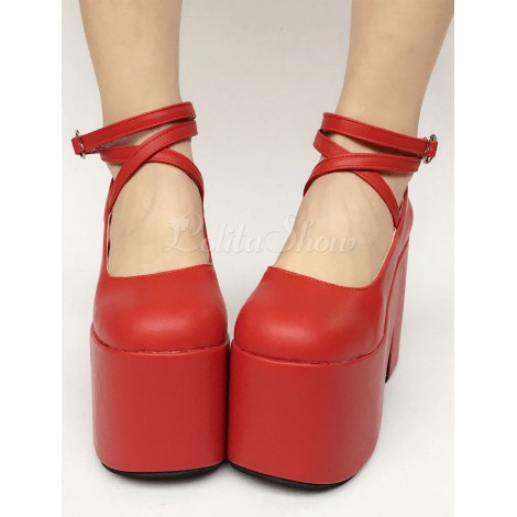 ロリィタシューズ　レッド　無地　PU　丸いつま先　ストリートウェア