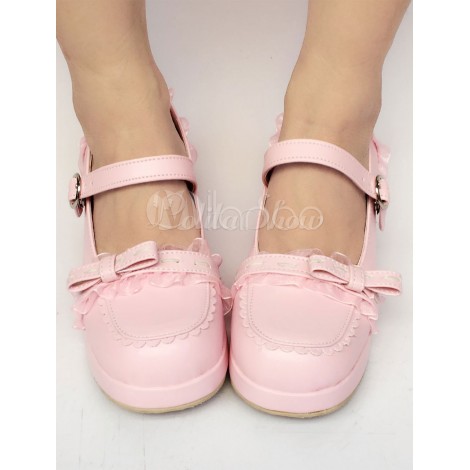 ロリィタフットウェア　ライトピンク　無地　ストリートウェア　スクエアトゥ　PU