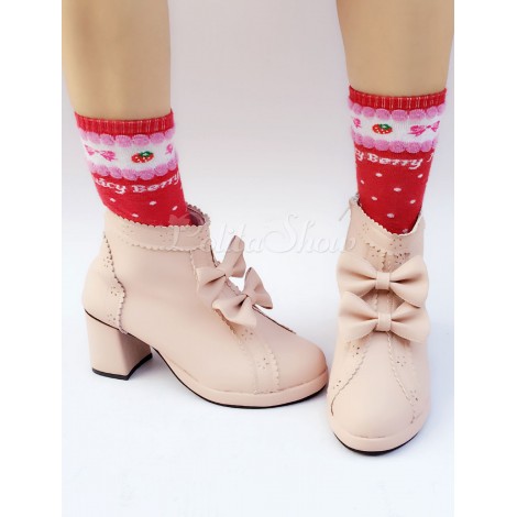 ロリィタシューズ　ライトピンク　リボン柄　ストリートウェア　丸いつま先　PU