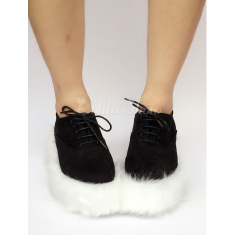 ロリィタシューズ　ブラック　ヒールレス　2カラーブロック　ストリートウェア　丸いつま先