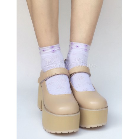 ロリィタシューズ　ベージュ　スクエアトゥ　ストリートウェア　PU　無地