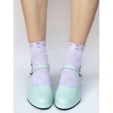 ロリィタシューズ　ミントグリーン　リボン柄　ストリートウェア　丸いつま先　ポリウレタン