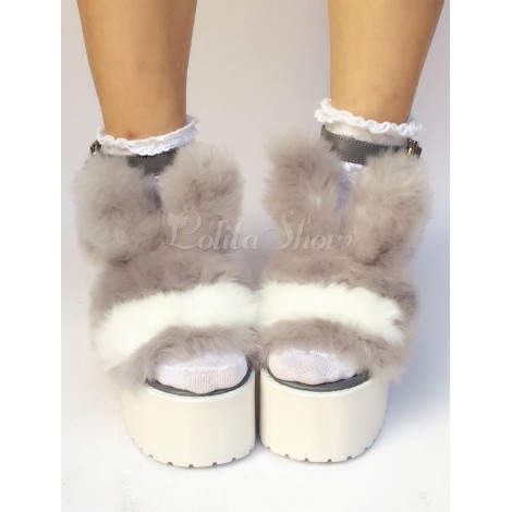 ロリィタシューズ　グレイ　オープントゥ　ストリートウェア　PU　2カラーブロック