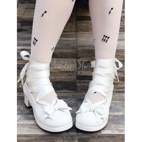 ロリィタシューズ　ホワイト　リボン柄　PU　丸いつま先　プラットフォーム
