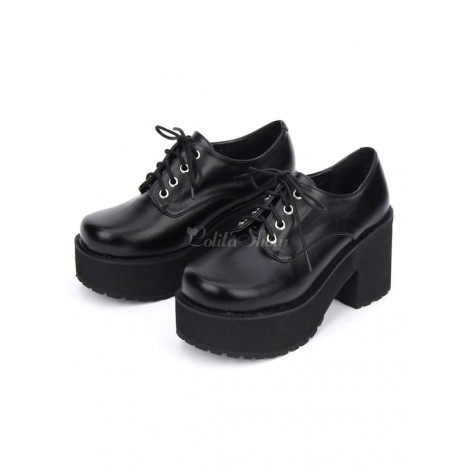 ロリィタ靴　ブラック　無地　ストリートウェア　丸いつま先　PU