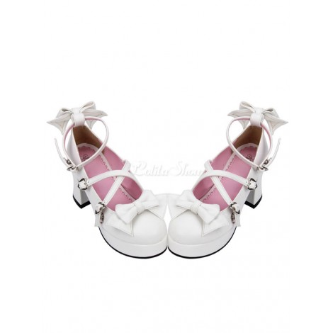 ロリィタ靴　ホワイト　リボン柄　PU　丸いつま先　ストリートウェア