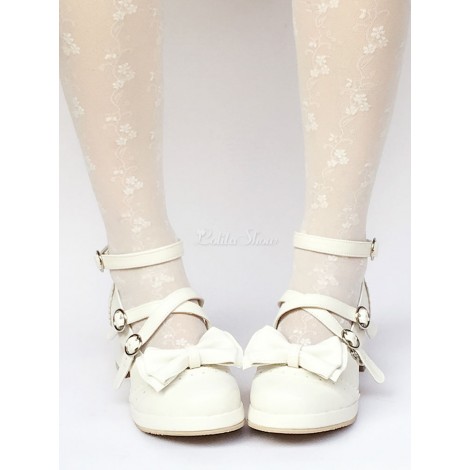 ロリィタフットウェア　ホワイト　丸いつま先　ストリートウェア　PU　チャンキーヒール　リボン柄