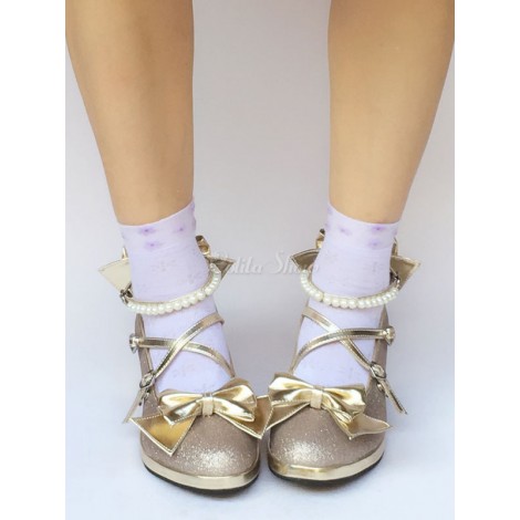 ロリィタ靴　ゴールド　丸いつま先　ストリートウェア　PU　チャンキーヒール　リボン柄
