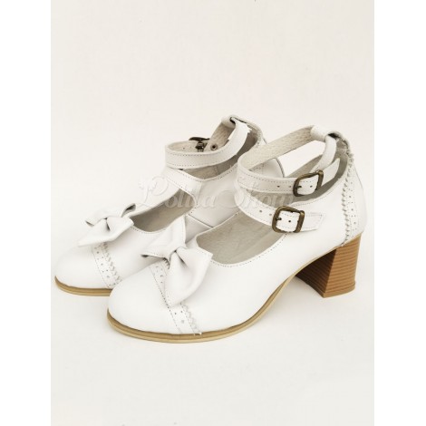 ロリィタ靴　ホワイト　リボン柄　ストリートウェア　PU　丸いつま先　パピーヒール