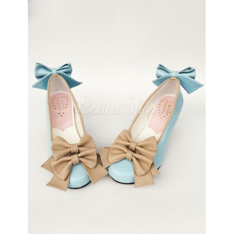 ロリィタ靴　ブルー　コーンヒール　リボン柄　ストリートウェア　丸いつま先　PU