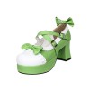 ロリータ靴，グリーン　ラウンドトゥ　プラットフォーム　中ヒール　厚底　リボン付き