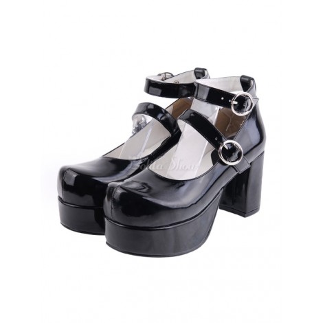 ブラック　ロリィタパンプス　PU　カジュアル　チャンキーヒール　アンクルストラップ　丸いバックル