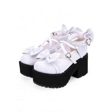 甘いロリータ靴弓PUレザープラットフォームチャンキーヒールロリータパンプス