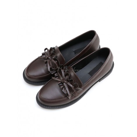 古典的なロリータ靴ボウラッフルディープブラウンPUロリータポンプ